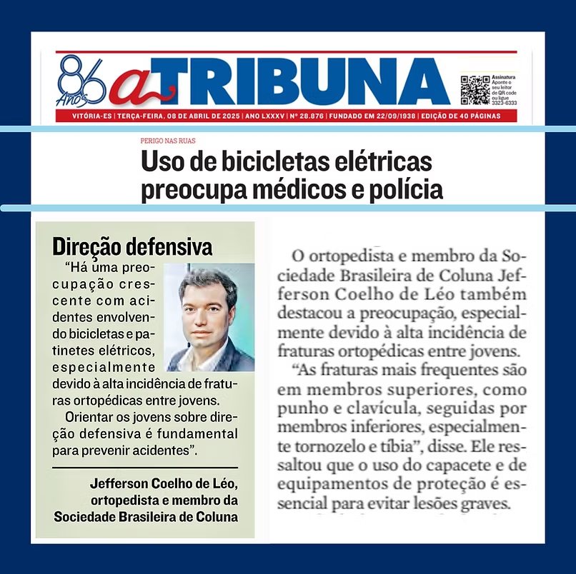 Reportagem do Jornal A Tribuna: uso de bicicletas elétricas preocupa médicos — com o médico Jefferson Coelho de Léo