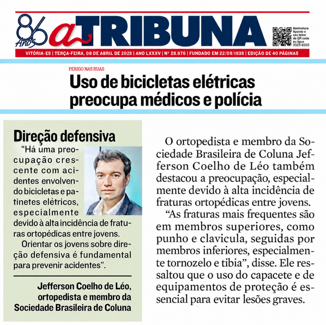 Reportagem do Jornal A Tribuna: uso de bicicletas elétricas preocupa médicos — com o médico Jefferson Coelho de Léo