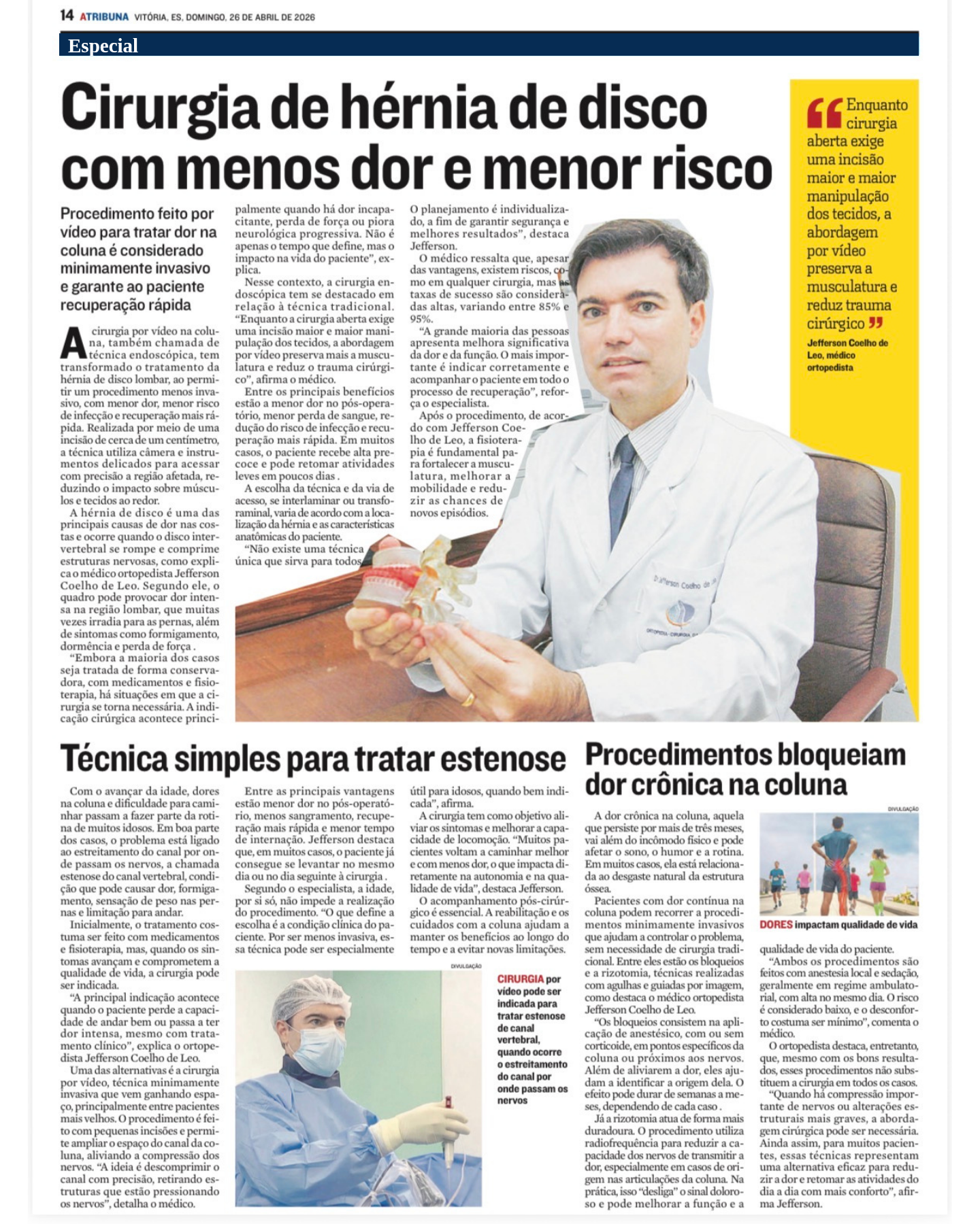 Reportagem do Jornal A Tribuna: cirurgia de hérnia de disco com menos dor e menor risco, com o médico Jefferson Coelho de Léo